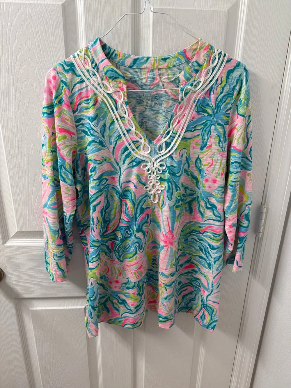 Lilly Pulitzer Pink, Blue & Green Swirl V-Neck Embroidered Tunic - Picture 2 of 3